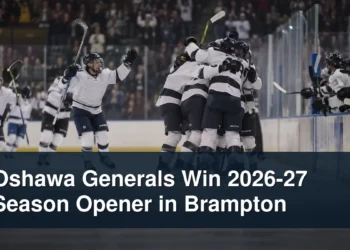 Generic junior hockey team celebrating a road win with the headline Oshawa Generals Win 2026-27 Season Opener in Brampton