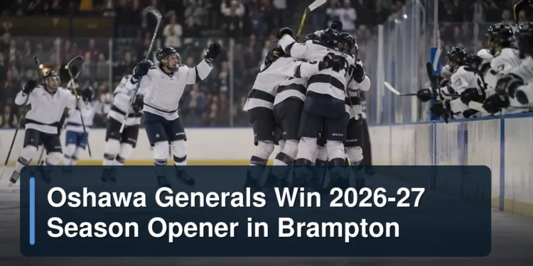 Generic junior hockey team celebrating a road win with the headline Oshawa Generals Win 2026-27 Season Opener in Brampton