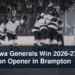 Generic junior hockey team celebrating a road win with the headline Oshawa Generals Win 2026-27 Season Opener in Brampton