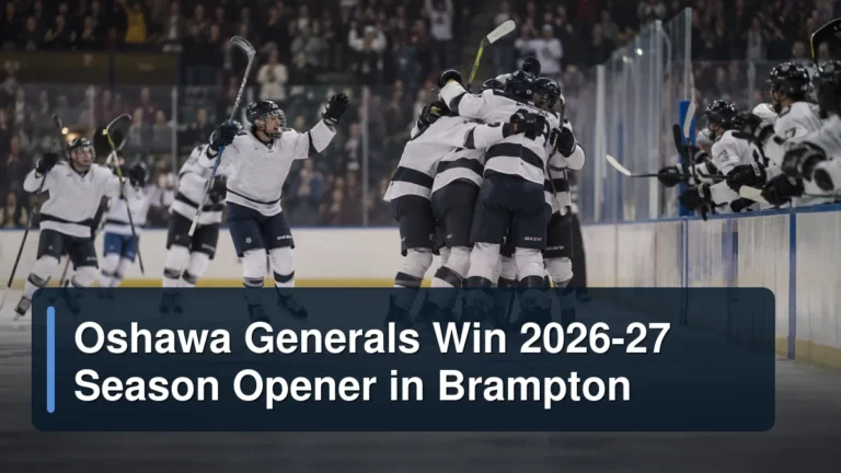 Generic junior hockey team celebrating a road win with the headline Oshawa Generals Win 2026-27 Season Opener in Brampton
