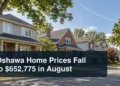 Oshawa residential street with the headline Oshawa Home Prices Fall to $652,775 in August