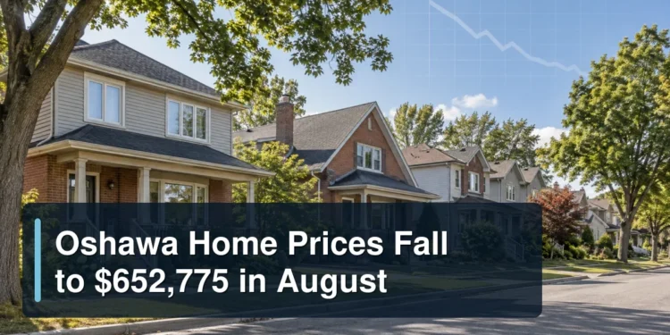 Oshawa residential street with the headline Oshawa Home Prices Fall to $652,775 in August