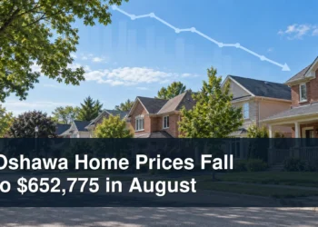 Oshawa residential neighbourhood and subtle market trend graphic with the headline Oshawa Home Prices Fall to $652,775 in August