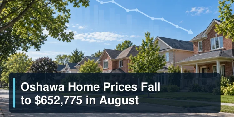 Oshawa residential neighbourhood and subtle market trend graphic with the headline Oshawa Home Prices Fall to $652,775 in August