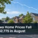 Oshawa residential neighbourhood and subtle market trend graphic with the headline Oshawa Home Prices Fall to $652,775 in August