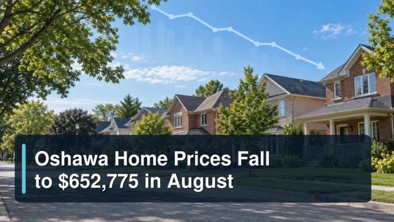 Oshawa residential neighbourhood and subtle market trend graphic with the headline Oshawa Home Prices Fall to $652,775 in August