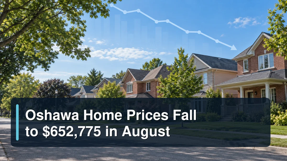 Oshawa residential neighbourhood and subtle market trend graphic with the headline Oshawa Home Prices Fall to $652,775 in August