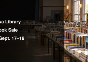 Tables of books illustrating the Oshawa library fall book sale