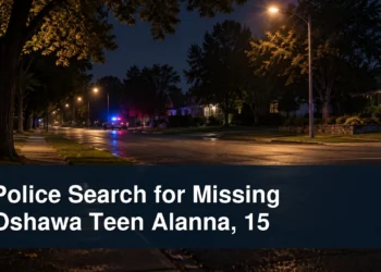 Empty Oshawa neighbourhood search scene with the headline Police Search for Missing Oshawa Teen Alanna, 15