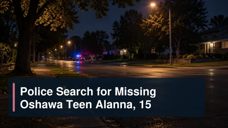 Empty Oshawa neighbourhood search scene with the headline Police Search for Missing Oshawa Teen Alanna, 15