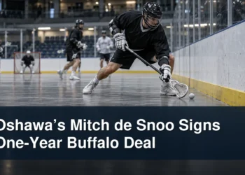 Generic box-lacrosse defender during an indoor drill with the headline Oshawa’s Mitch de Snoo Signs One-Year Buffalo Deal