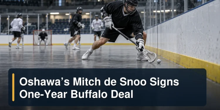 Generic box-lacrosse defender during an indoor drill with the headline Oshawa’s Mitch de Snoo Signs One-Year Buffalo Deal