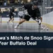 Generic box-lacrosse defender during an indoor drill with the headline Oshawa’s Mitch de Snoo Signs One-Year Buffalo Deal