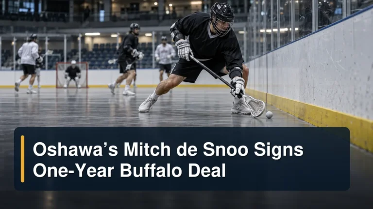 Generic box-lacrosse defender during an indoor drill with the headline Oshawa’s Mitch de Snoo Signs One-Year Buffalo Deal
