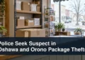 Police Seek Suspect in Oshawa and Orono Package Thefts People-free package pickup counter with the headline Police Seek Suspect in Oshawa and Orono Package Thefts