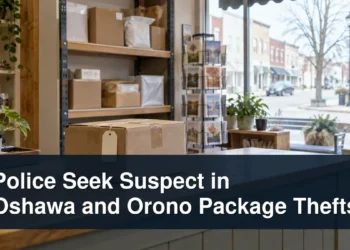 Police Seek Suspect in Oshawa and Orono Package Thefts People-free package pickup counter with the headline Police Seek Suspect in Oshawa and Orono Package Thefts