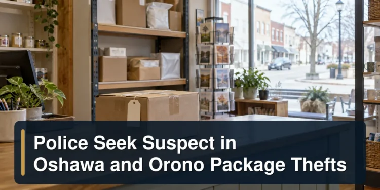 Police Seek Suspect in Oshawa and Orono Package Thefts People-free package pickup counter with the headline Police Seek Suspect in Oshawa and Orono Package Thefts