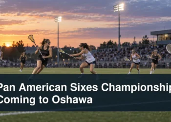 Women’s sixes lacrosse match at dusk with the headline Pan American Sixes Championship Coming to Oshawa