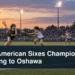 Women’s sixes lacrosse match at dusk with the headline Pan American Sixes Championship Coming to Oshawa