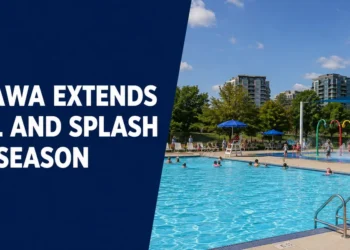 Outdoor swimming pool and splash pad representing Oshawa’s extended season
