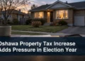 Oshawa-style home with property tax documents and the headline Oshawa Property Tax Increase Adds Pressure in Election Year