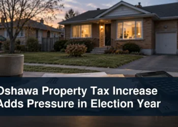 Oshawa-style home with property tax documents and the headline Oshawa Property Tax Increase Adds Pressure in Election Year