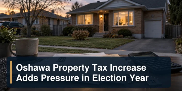 Oshawa-style home with property tax documents and the headline Oshawa Property Tax Increase Adds Pressure in Election Year