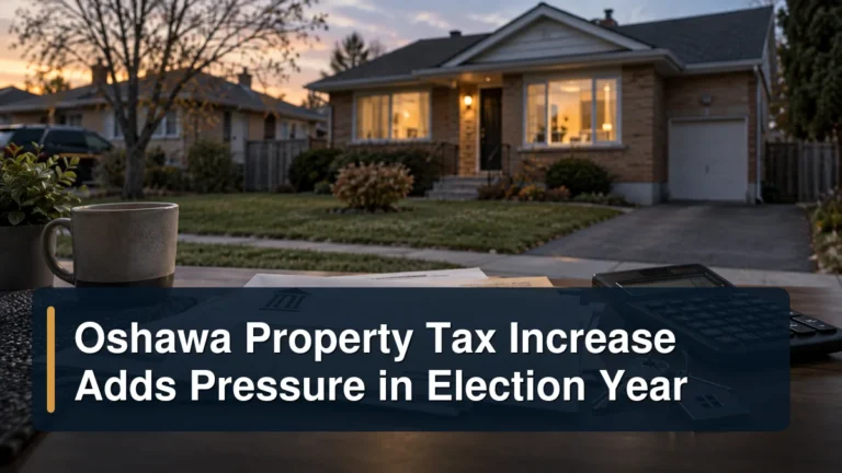 Oshawa-style home with property tax documents and the headline Oshawa Property Tax Increase Adds Pressure in Election Year
