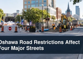 Oshawa intersection with multiple managed restrictions and the headline Oshawa Road Restrictions Affect Four Major Streets