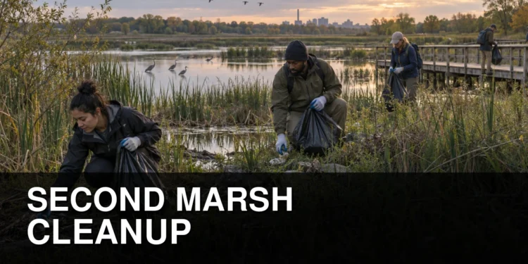 Volunteers collecting litter beside reeds at Oshawa Second Marsh