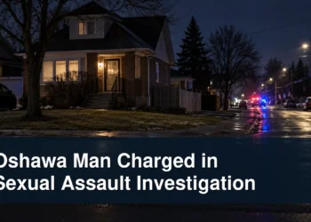People-free Oshawa residential investigation scene with the headline Oshawa Man Charged in Sexual Assault Investigation