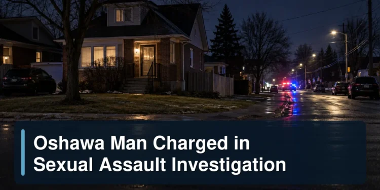 Oshawa Man Charged in Sexual Assault Investigation People-free Oshawa residential investigation scene with the headline Oshawa Man Charged in Sexual Assault Investigation