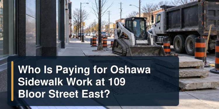 Who Is Paying for Oshawa Sidewalk Work at 109 Bloor Street East? Unbranded sidewalk construction scene with the headline Who Is Paying for Oshawa Sidewalk Work at 109 Bloor Street East?