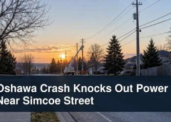 Oshawa Crash Knocks Out Power Near Simcoe Street Utility repair scene with the headline Oshawa Crash Knocks Out Power Near Simcoe Street