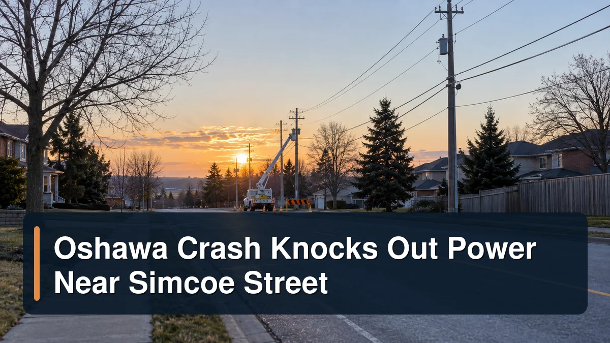 Utility repair scene with the headline Oshawa Crash Knocks Out Power Near Simcoe Street