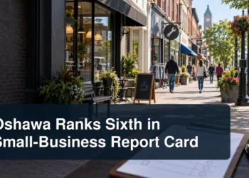 Independent storefronts with the headline Oshawa Ranks Sixth in Small-Business Report Card