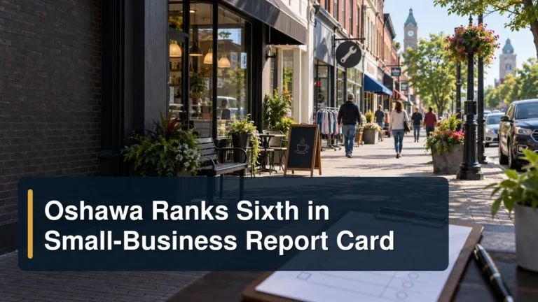 Independent storefronts with the headline Oshawa Ranks Sixth in Small-Business Report Card