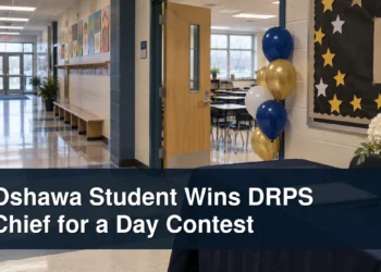 Oshawa Student Wins DRPS Chief for a Day Contest Oshawa school recognition scene with the headline Oshawa Student Wins DRPS Chief for a Day Contest