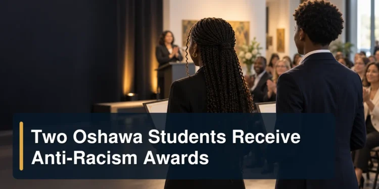Two anonymous student award recipients with the headline Two Oshawa Students Receive Anti-Racism Awards