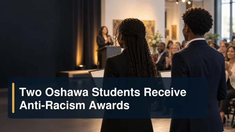 Two anonymous student award recipients with the headline Two Oshawa Students Receive Anti-Racism Awards