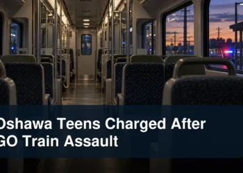 Empty commuter train after a reported incident with the headline Oshawa Teens Charged After GO Train Assault