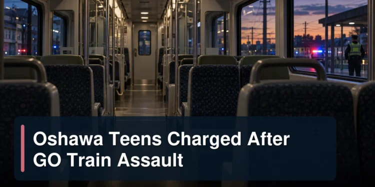 Oshawa Teens Charged After GO Train Assault Empty commuter train after a reported incident with the headline Oshawa Teens Charged After GO Train Assault