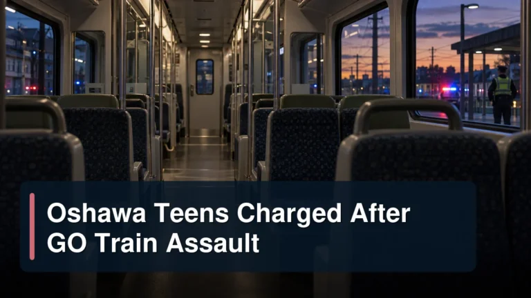 Empty commuter train after a reported incident with the headline Oshawa Teens Charged After GO Train Assault