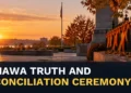 Orange-ribbon memorial at sunrise with the headline Oshawa Truth and Reconciliation Ceremony Set for Sept. 28