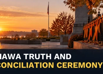 Orange-ribbon memorial at sunrise with the headline Oshawa Truth and Reconciliation Ceremony Set for Sept. 28