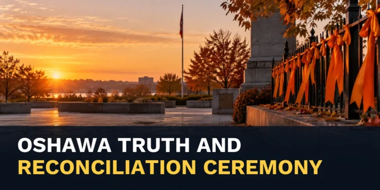 Orange-ribbon memorial at sunrise with the headline Oshawa Truth and Reconciliation Ceremony Set for Sept. 28