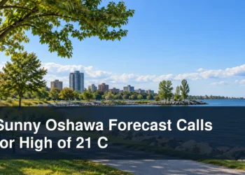 Sunny Oshawa waterfront with the headline Sunny Oshawa Forecast Calls for High of 21 C