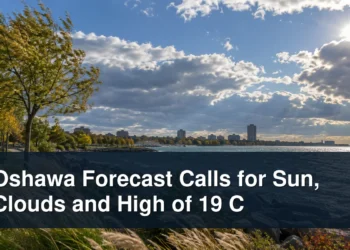 Windy Oshawa waterfront under sun and clouds with the headline Oshawa Forecast Calls for Sun, Clouds and High of 19 C