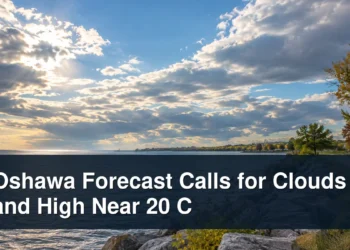 Oshawa Forecast Calls for Clouds and High Near 20 C Oshawa lakeshore under sun and clouds with the headline Oshawa Forecast Calls for Clouds and High Near 20 C