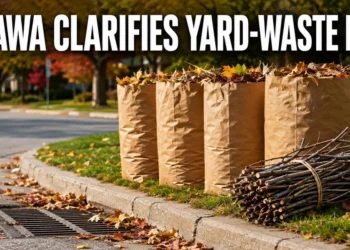 Paper yard-waste bags and bundled branches placed correctly at an Oshawa curb
